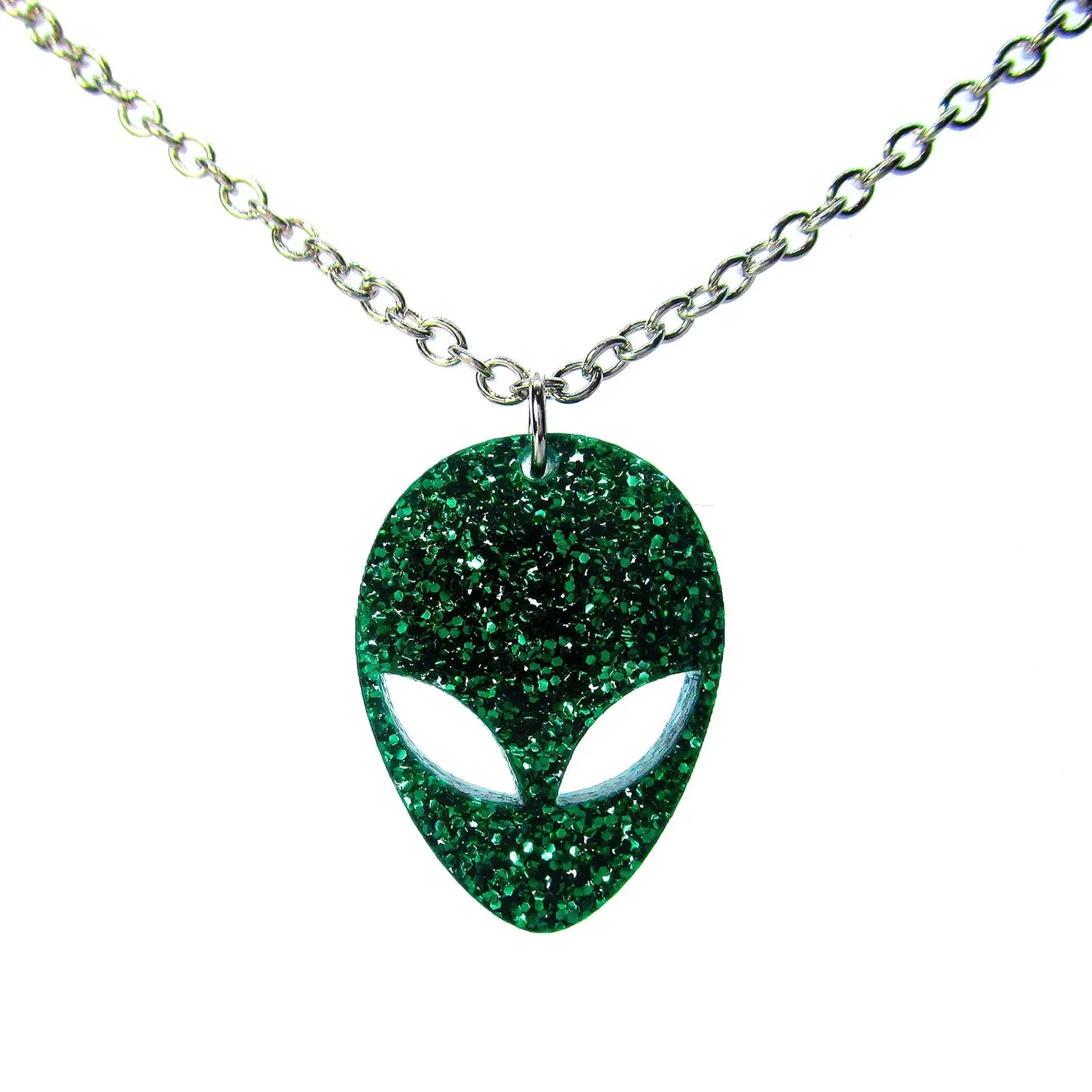 Big Green Alien Pendant Necklace, Big Eye Alien Glitter Outer Space Galaxy Jewelry, Gift for Space Cadet Rave Girls