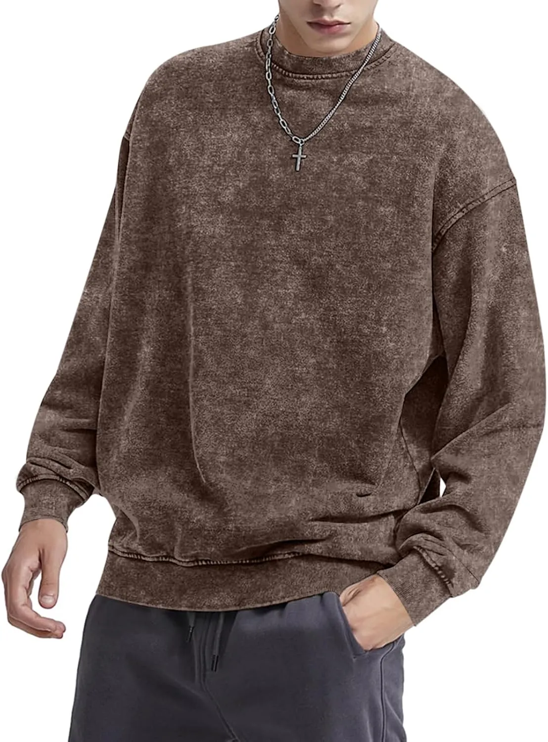 BINTEHGS Mens Oversized Vintage Sweatshirts Acid Wash Plain Crewneck Sweatshirt Streetwear Unisex Distressed Couple Pullover