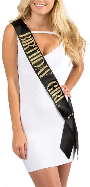 Black Satin Birthday Girl Sash with Gold Glitter