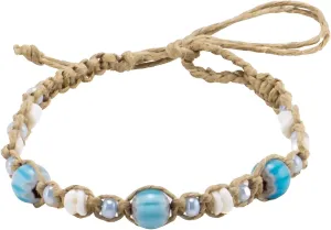 BlueRica Hemp Anklet Bracelet with Puka Shell Beads & Light Blue Beads