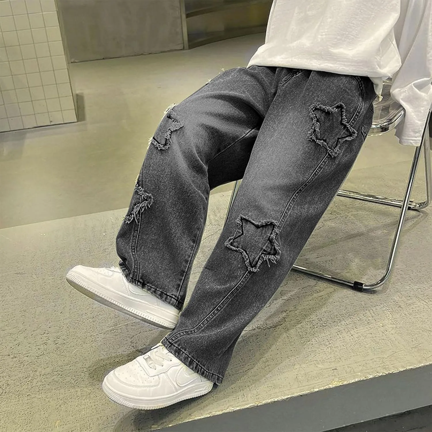 Boy's Cute Star Baggy Denim Pants Elastic Waist Pull On Jeans Straight Wide Leg Jeans for Teen Boys 8-14 Years