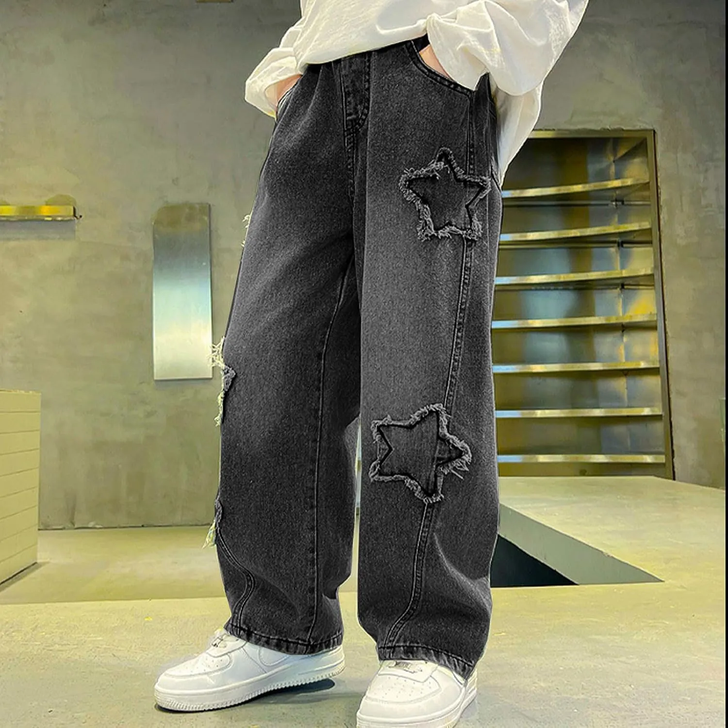 Boy's Cute Star Baggy Denim Pants Elastic Waist Pull On Jeans Straight Wide Leg Jeans for Teen Boys 8-14 Years