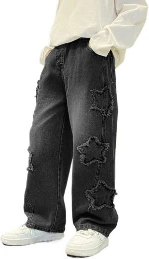 Boy's Cute Star Baggy Denim Pants Elastic Waist Pull On Jeans Straight Wide Leg Jeans for Teen Boys 8-14 Years