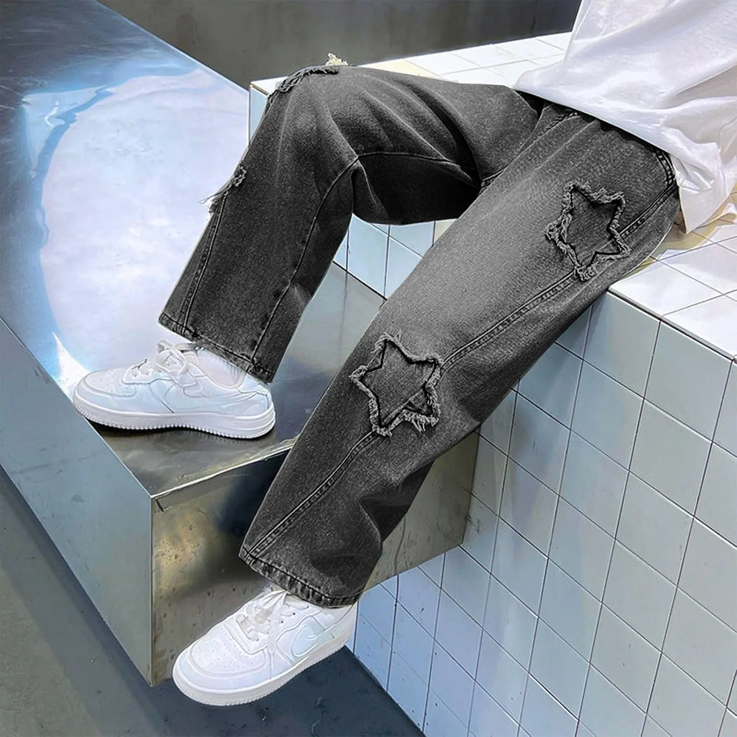 Boy's Cute Star Baggy Denim Pants Elastic Waist Pull On Jeans Straight Wide Leg Jeans for Teen Boys 8-14 Years