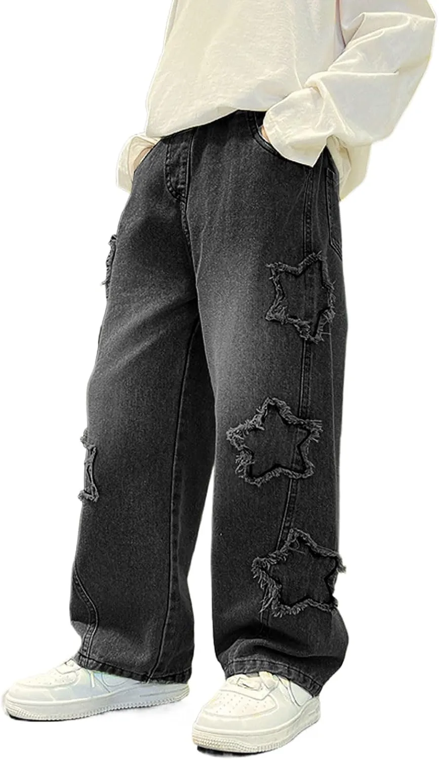 Boy's Cute Star Baggy Denim Pants Elastic Waist Pull On Jeans Straight Wide Leg Jeans for Teen Boys 8-14 Years