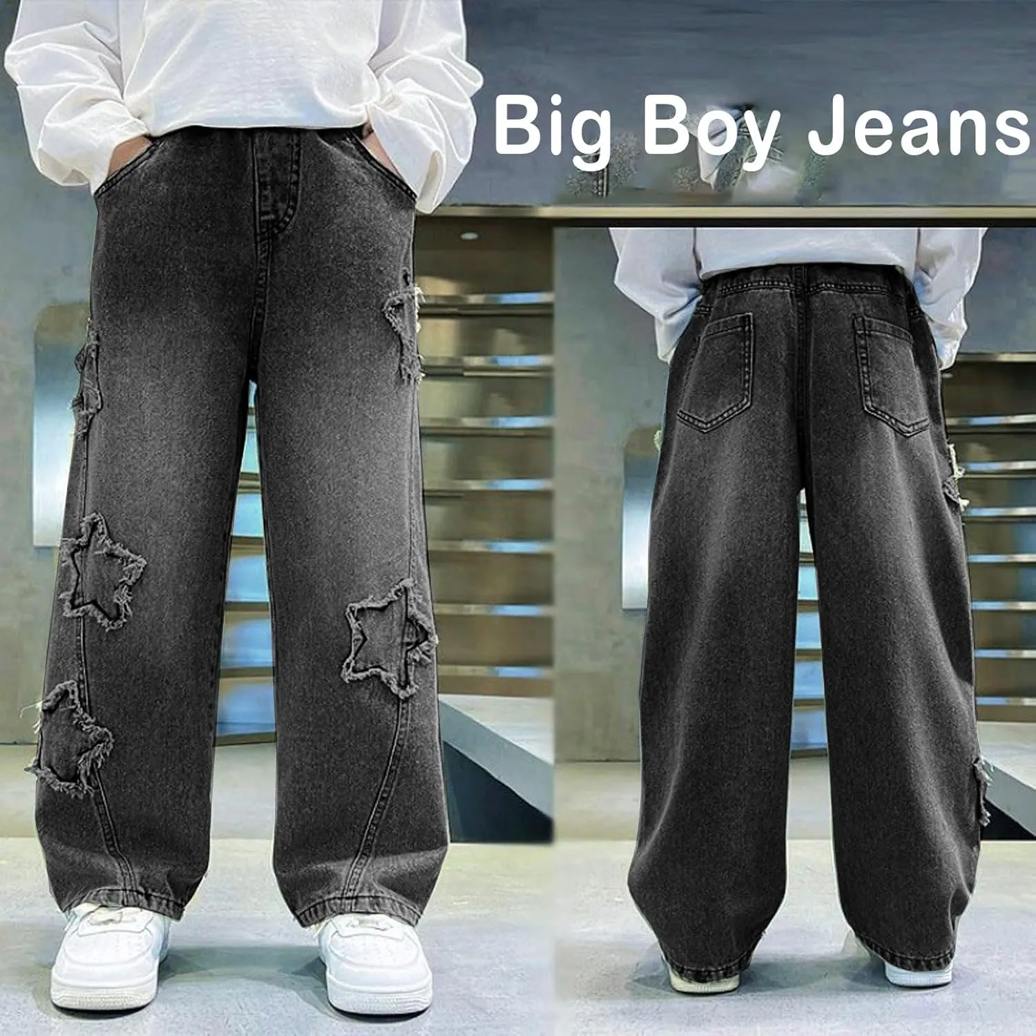 Boy's Cute Star Baggy Denim Pants Elastic Waist Pull On Jeans Straight Wide Leg Jeans for Teen Boys 8-14 Years