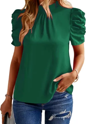 BTFBM Women's Summer Boho Shirt Top Ruffle Short Sleeve Frill Trim Mock Neck Floral Solid 2025 Casual Blouses Shirts Tops
