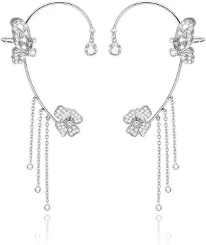 Butterfly Earrings Cuff Silver Stars Ear Cuffs Sparkly Tassel Dangle Earrings Climber Earring Clip-On Sparkly Cartilage Elf Earrings No Piercing for Women