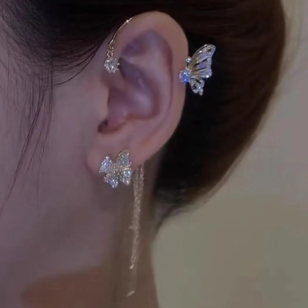 Butterfly Earrings Cuff Silver Stars Ear Cuffs Sparkly Tassel Dangle Earrings Climber Earring Clip-On Sparkly Cartilage Elf Earrings No Piercing for Women