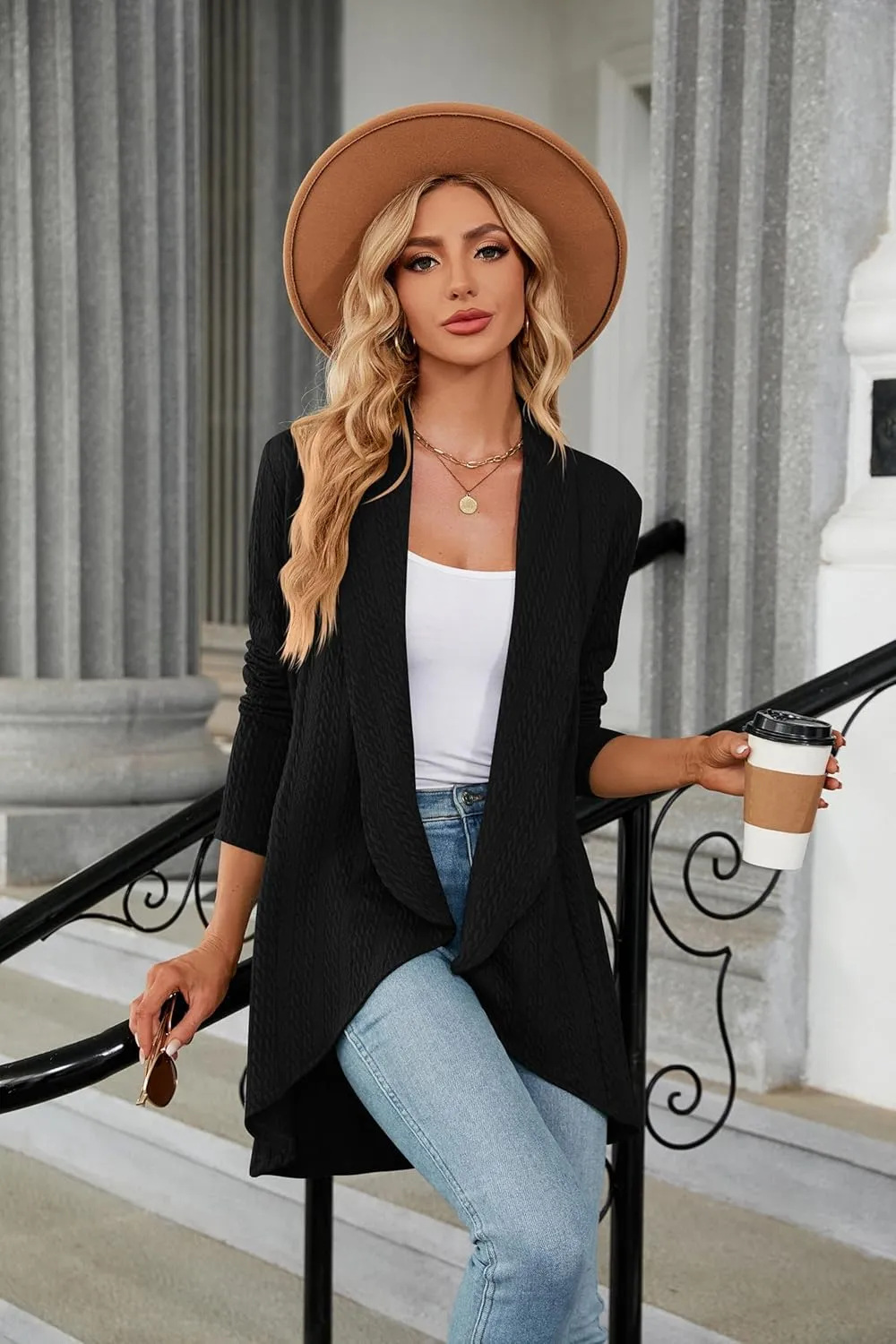 Cable Lightweight Cardigan for Women Knit Kimono Cardigan Open Front Long Sleeve Loose Outwear Coat