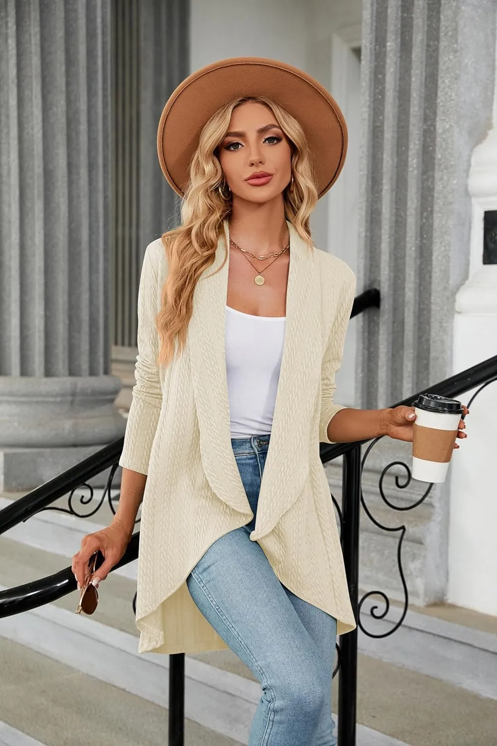 Cable Lightweight Cardigan for Women Knit Kimono Cardigan Open Front Long Sleeve Loose Outwear Coat