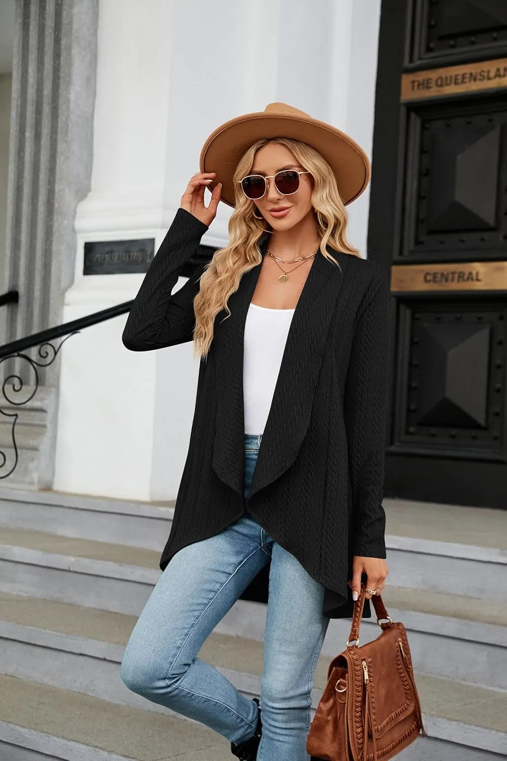 Cable Lightweight Cardigan for Women Knit Kimono Cardigan Open Front Long Sleeve Loose Outwear Coat