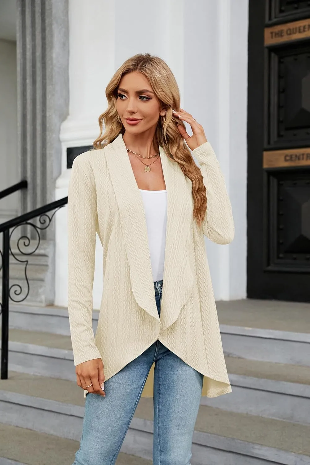 Cable Lightweight Cardigan for Women Knit Kimono Cardigan Open Front Long Sleeve Loose Outwear Coat