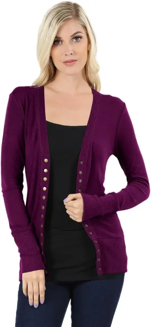 Cardigans for Women Long Sleeve Cardigan Knit Snap Button Sweater Regular & Plus - Plum (Large)