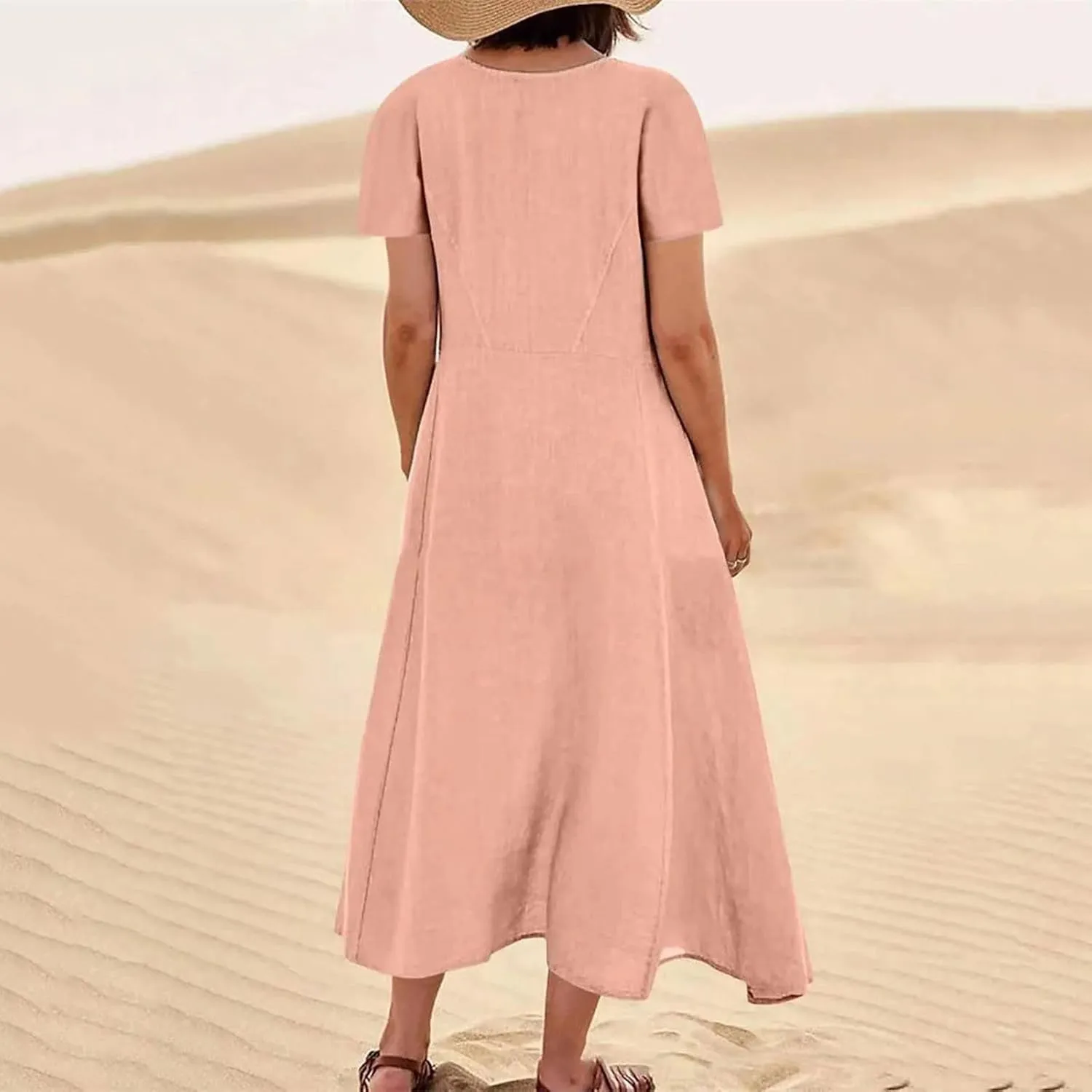 Casual Summer Dresses for Women Short Sleeve Cotton Linen Dress Plus Size Maxi Long Dress Flowy Sun Dress with Pockets