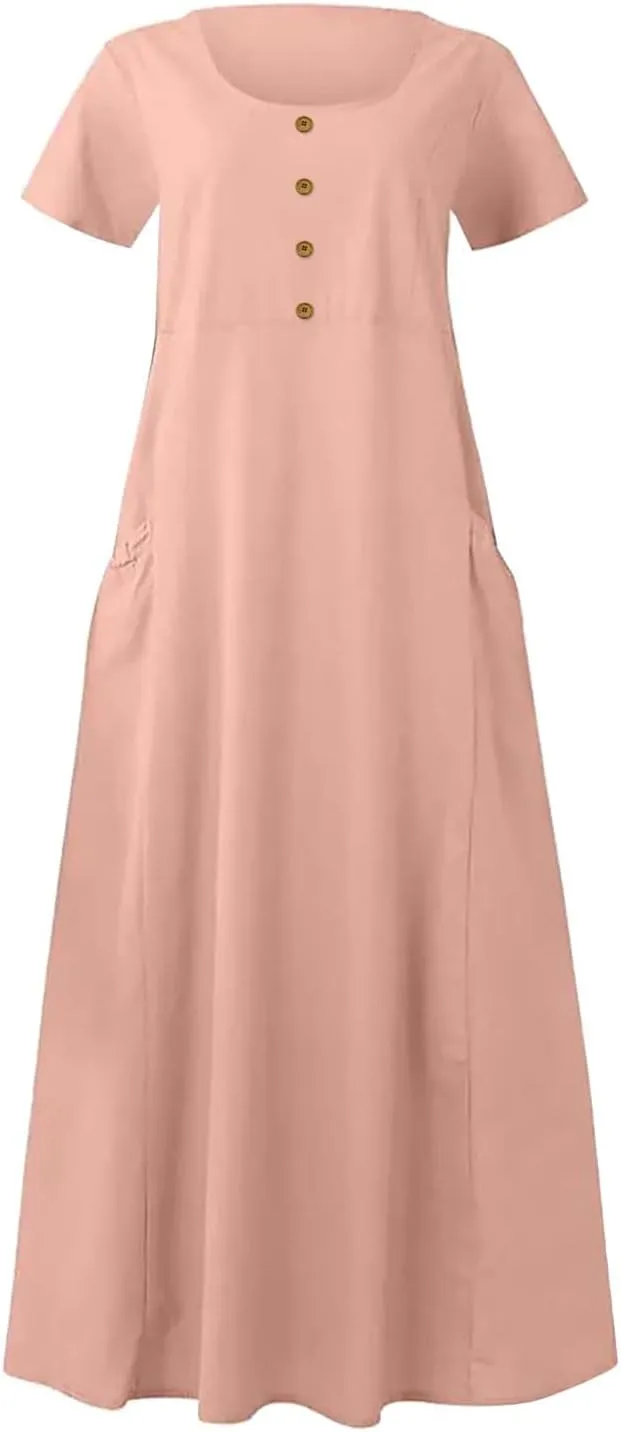 Casual Summer Dresses for Women Short Sleeve Cotton Linen Dress Plus Size Maxi Long Dress Flowy Sun Dress with Pockets