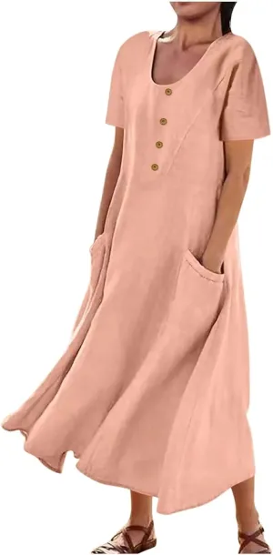Casual Summer Dresses for Women Short Sleeve Cotton Linen Dress Plus Size Maxi Long Dress Flowy Sun Dress with Pockets