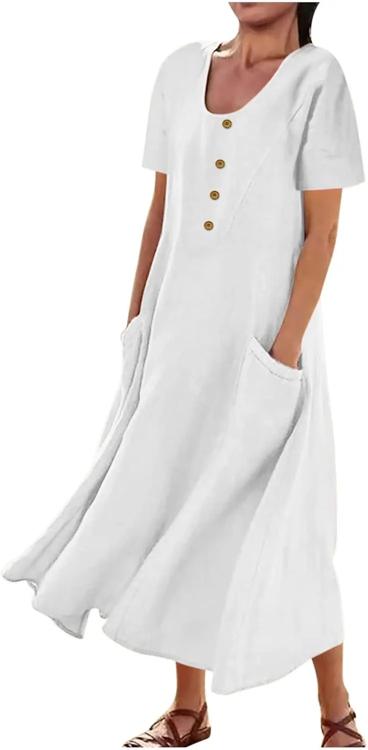 Casual Summer Dresses for Women Short Sleeve Cotton Linen Dress Plus Size Maxi Long Dress Flowy Sun Dress with Pockets