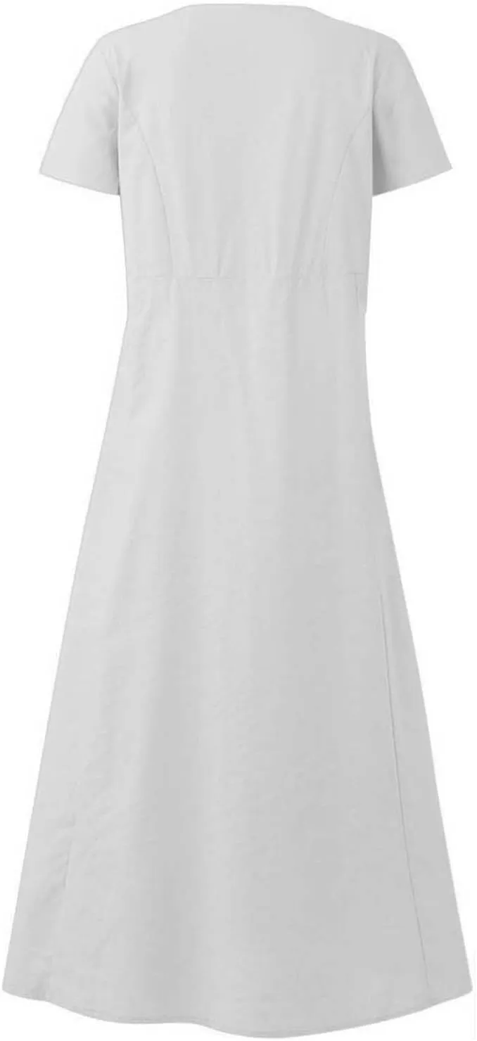 Casual Summer Dresses for Women Short Sleeve Cotton Linen Dress Plus Size Maxi Long Dress Flowy Sun Dress with Pockets