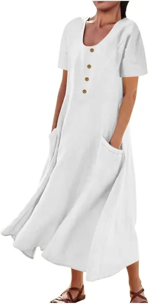Casual Summer Dresses for Women Short Sleeve Cotton Linen Dress Plus Size Maxi Long Dress Flowy Sun Dress with Pockets