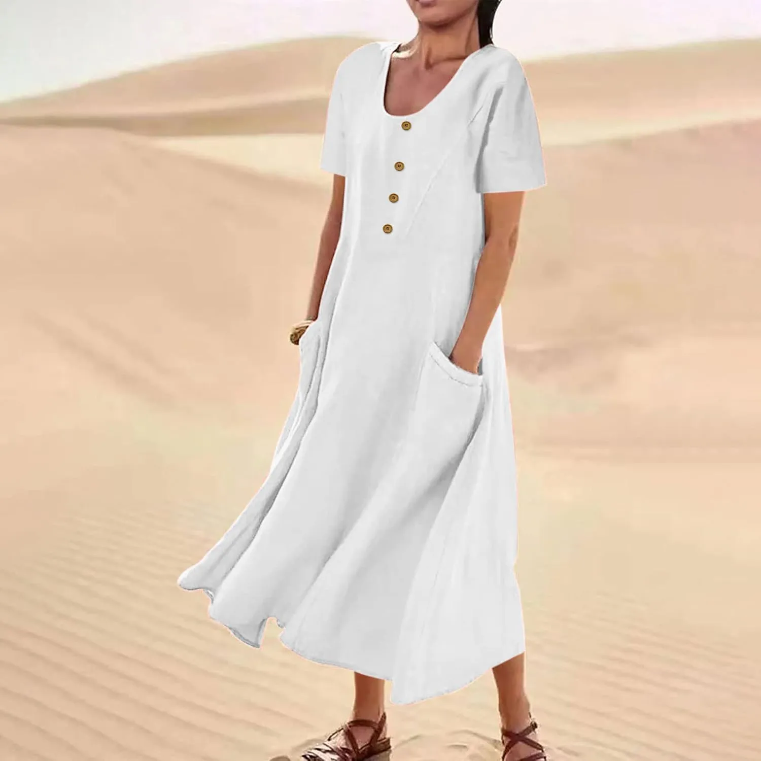 Casual Summer Dresses for Women Short Sleeve Cotton Linen Dress Plus Size Maxi Long Dress Flowy Sun Dress with Pockets