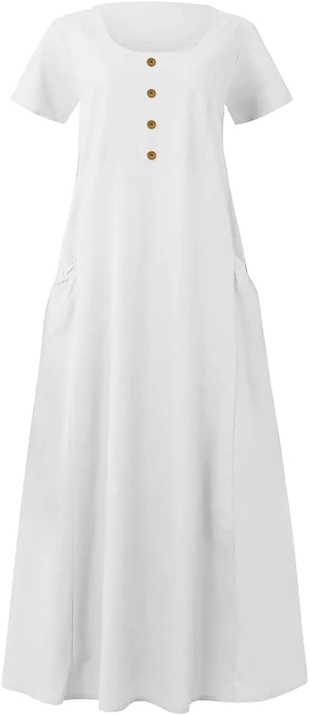 Casual Summer Dresses for Women Short Sleeve Cotton Linen Dress Plus Size Maxi Long Dress Flowy Sun Dress with Pockets