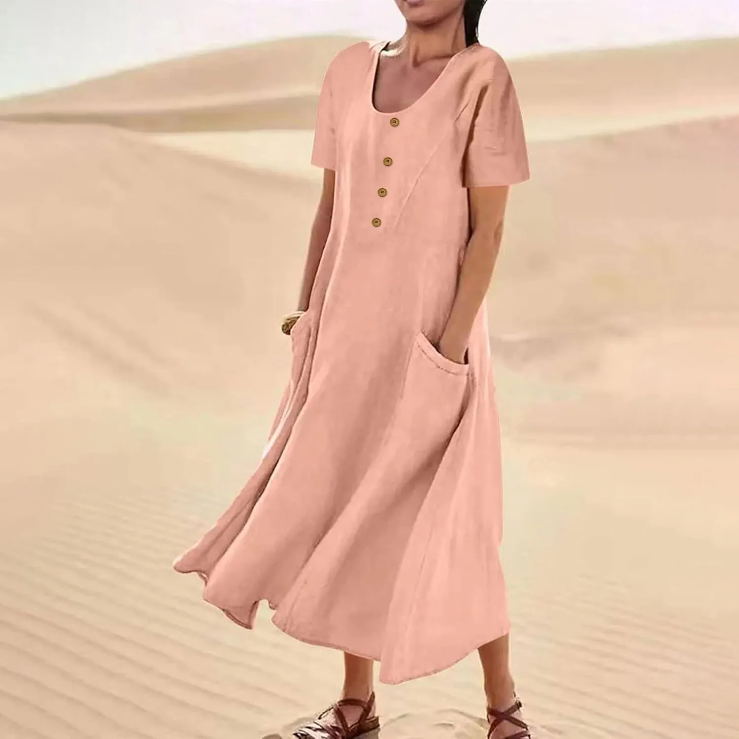 Casual Summer Dresses for Women Short Sleeve Cotton Linen Dress Plus Size Maxi Long Dress Flowy Sun Dress with Pockets