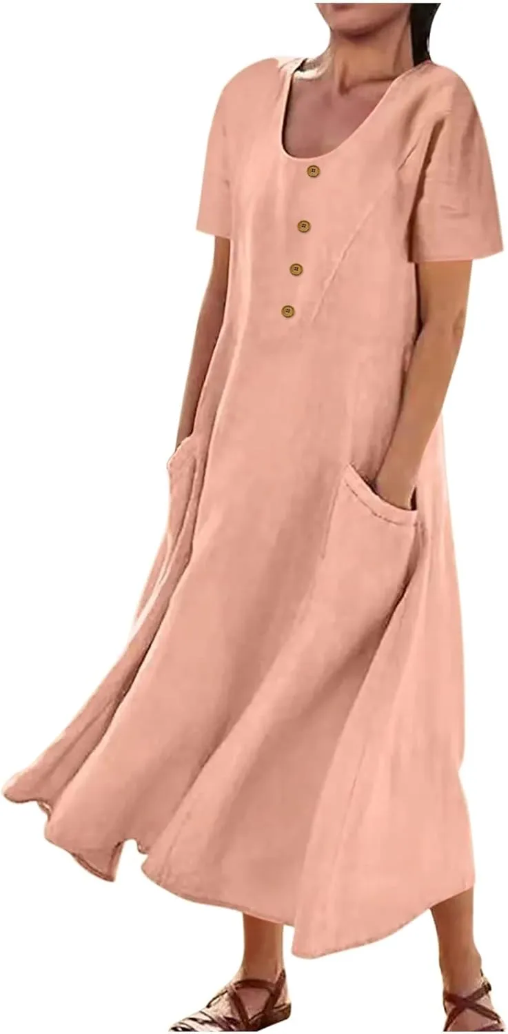Casual Summer Dresses for Women Short Sleeve Cotton Linen Dress Plus Size Maxi Long Dress Flowy Sun Dress with Pockets