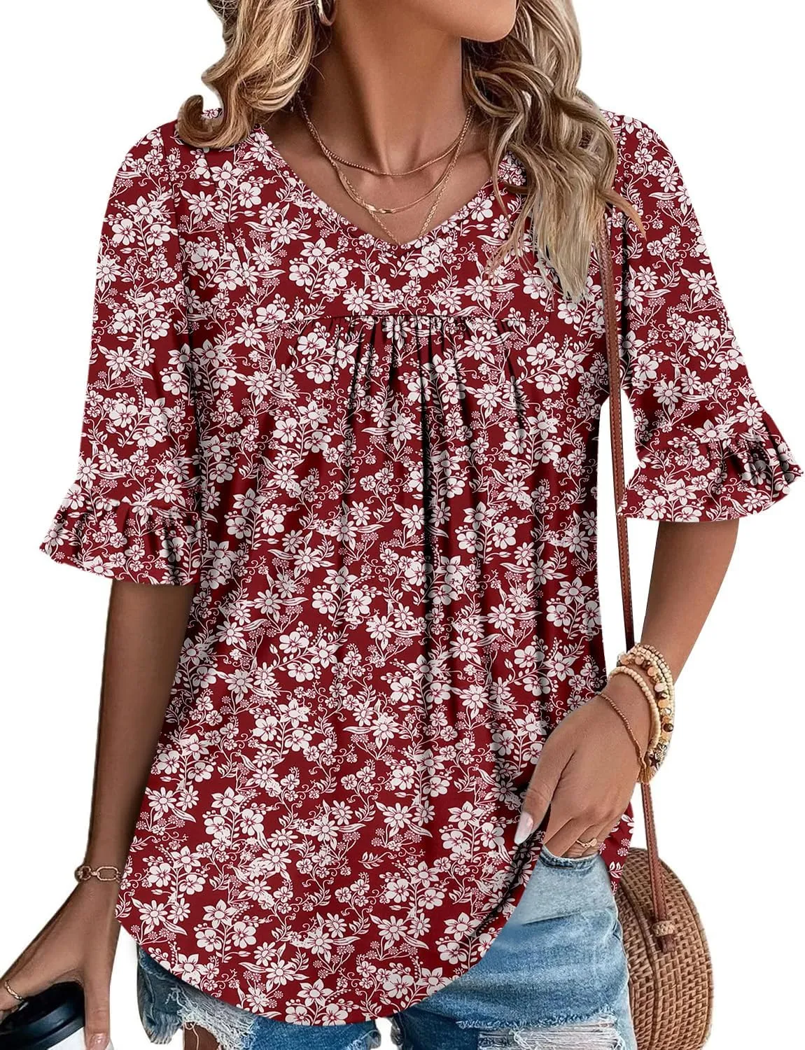 CHICZONE Womens 3/4 Length Bell Sleeve Tops Loose Summer Tunic Shirts Dressy Casual Blouses