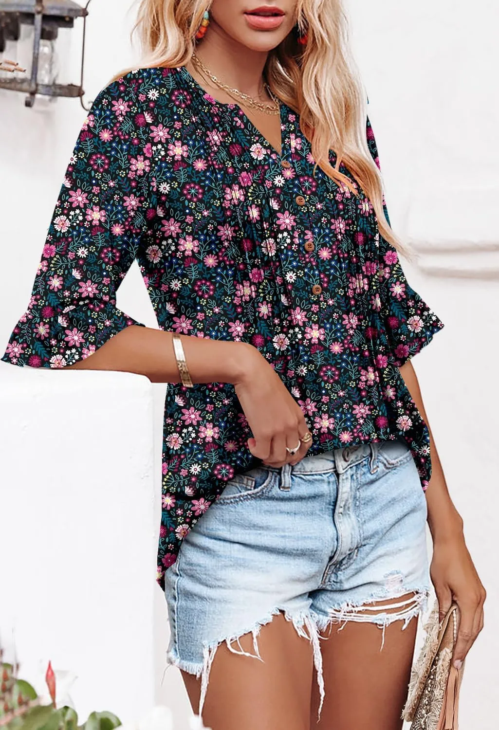 CHICZONE Womens 3/4 Length Bell Sleeve Tops Loose Summer Tunic Shirts Dressy Casual Blouses