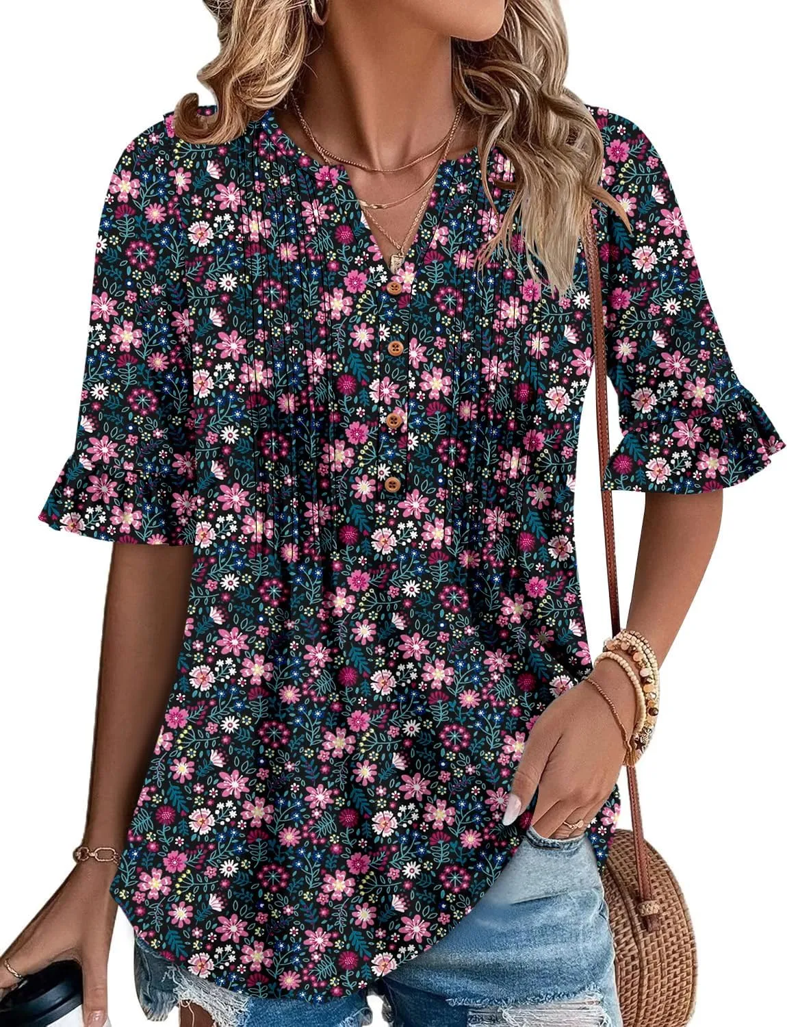 CHICZONE Womens 3/4 Length Bell Sleeve Tops Loose Summer Tunic Shirts Dressy Casual Blouses