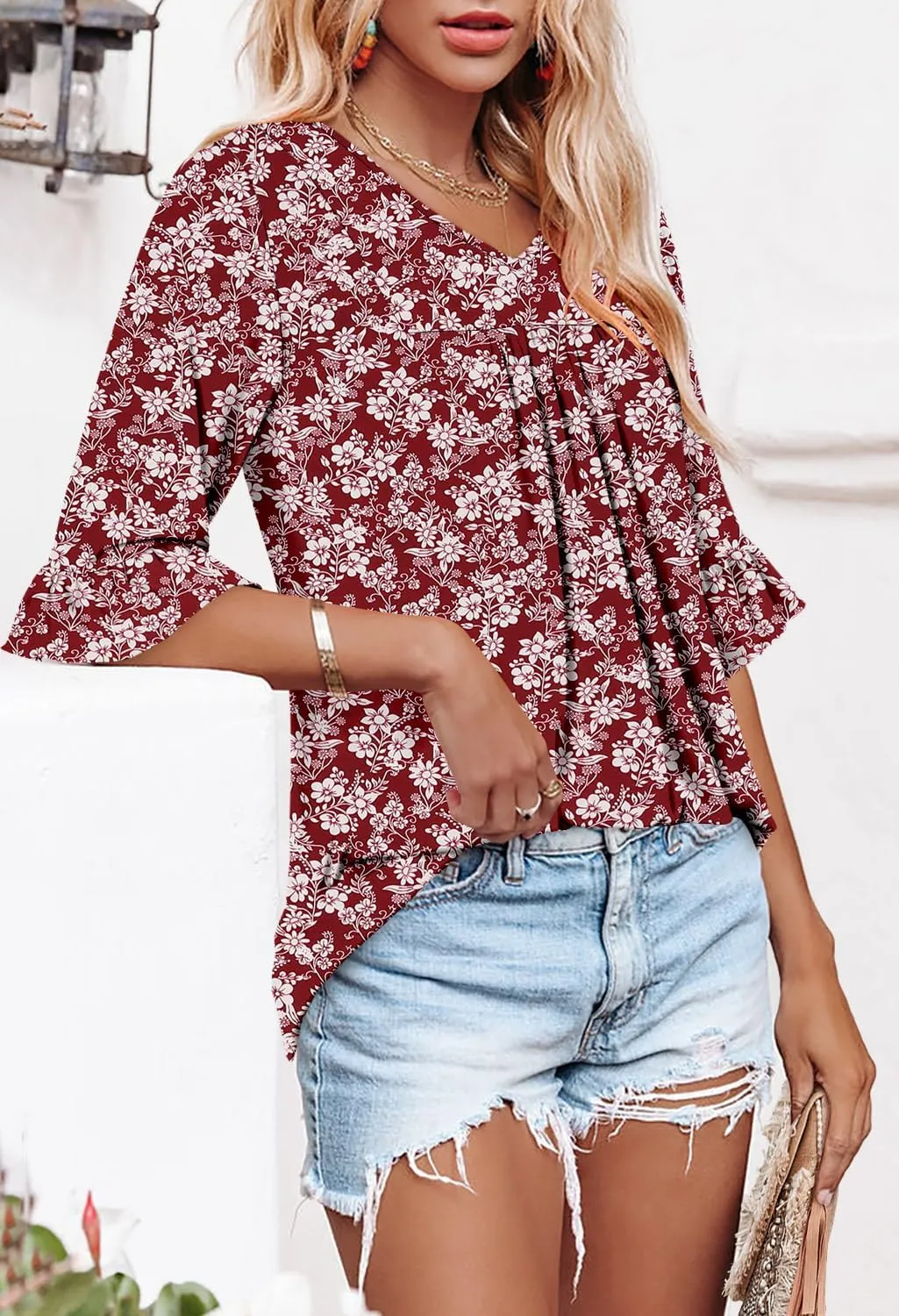 CHICZONE Womens 3/4 Length Bell Sleeve Tops Loose Summer Tunic Shirts Dressy Casual Blouses