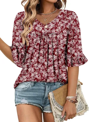 CHICZONE Womens 3/4 Length Bell Sleeve Tops Loose Summer Tunic Shirts Dressy Casual Blouses