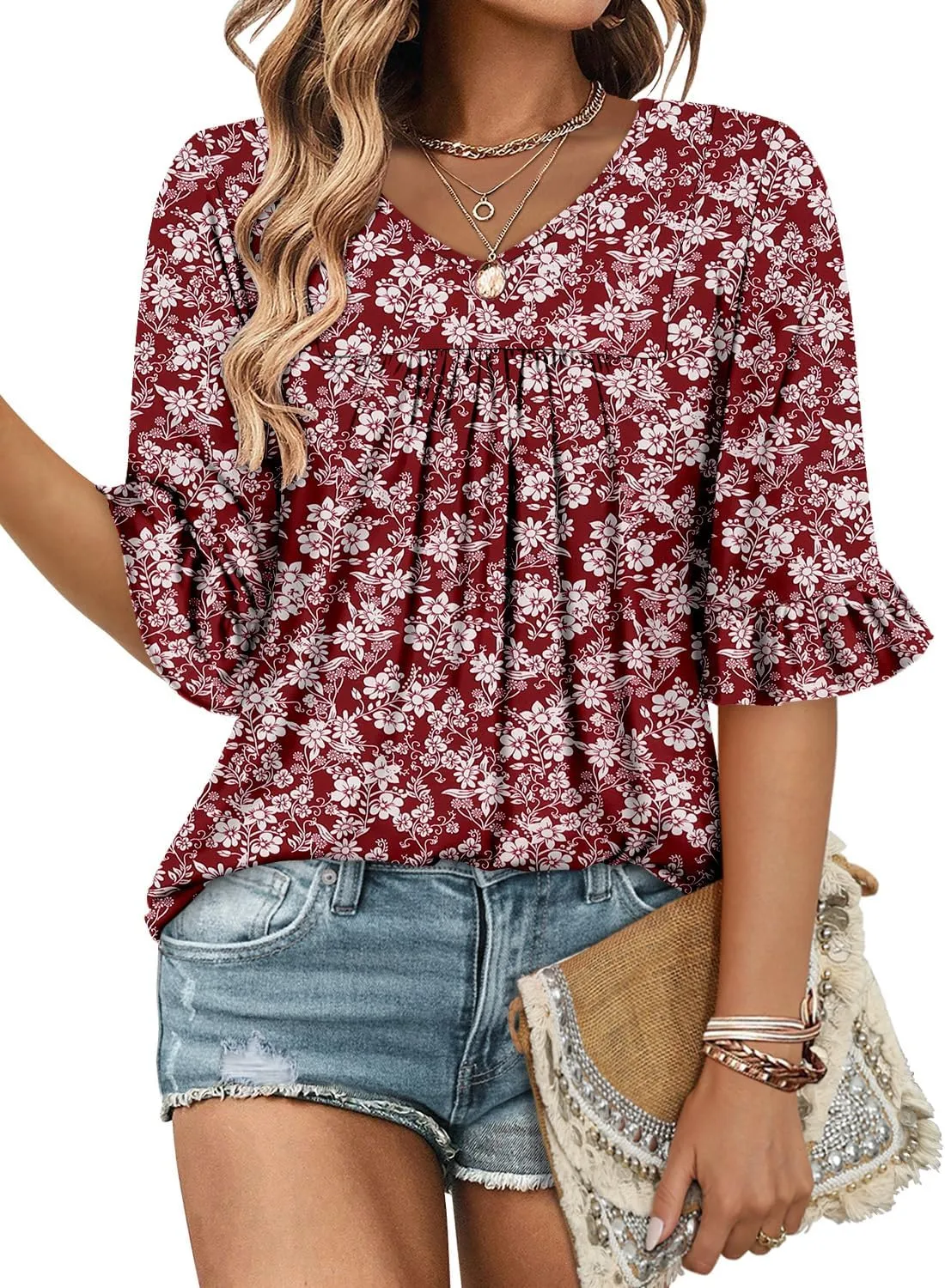 CHICZONE Womens 3/4 Length Bell Sleeve Tops Loose Summer Tunic Shirts Dressy Casual Blouses