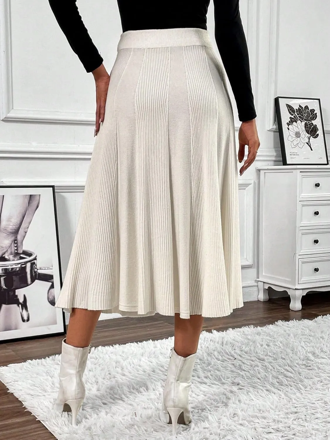chouyatou Women's Elegant A-Line Pleated Knit Skirt Casual Elastic Waist Swing Knitted Midi Long Skirt