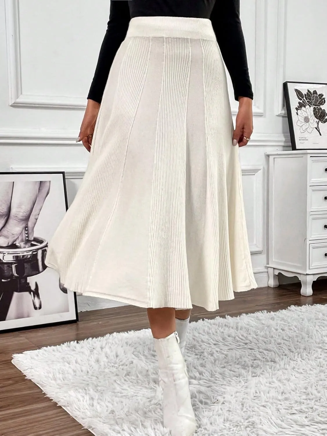 chouyatou Women's Elegant A-Line Pleated Knit Skirt Casual Elastic Waist Swing Knitted Midi Long Skirt