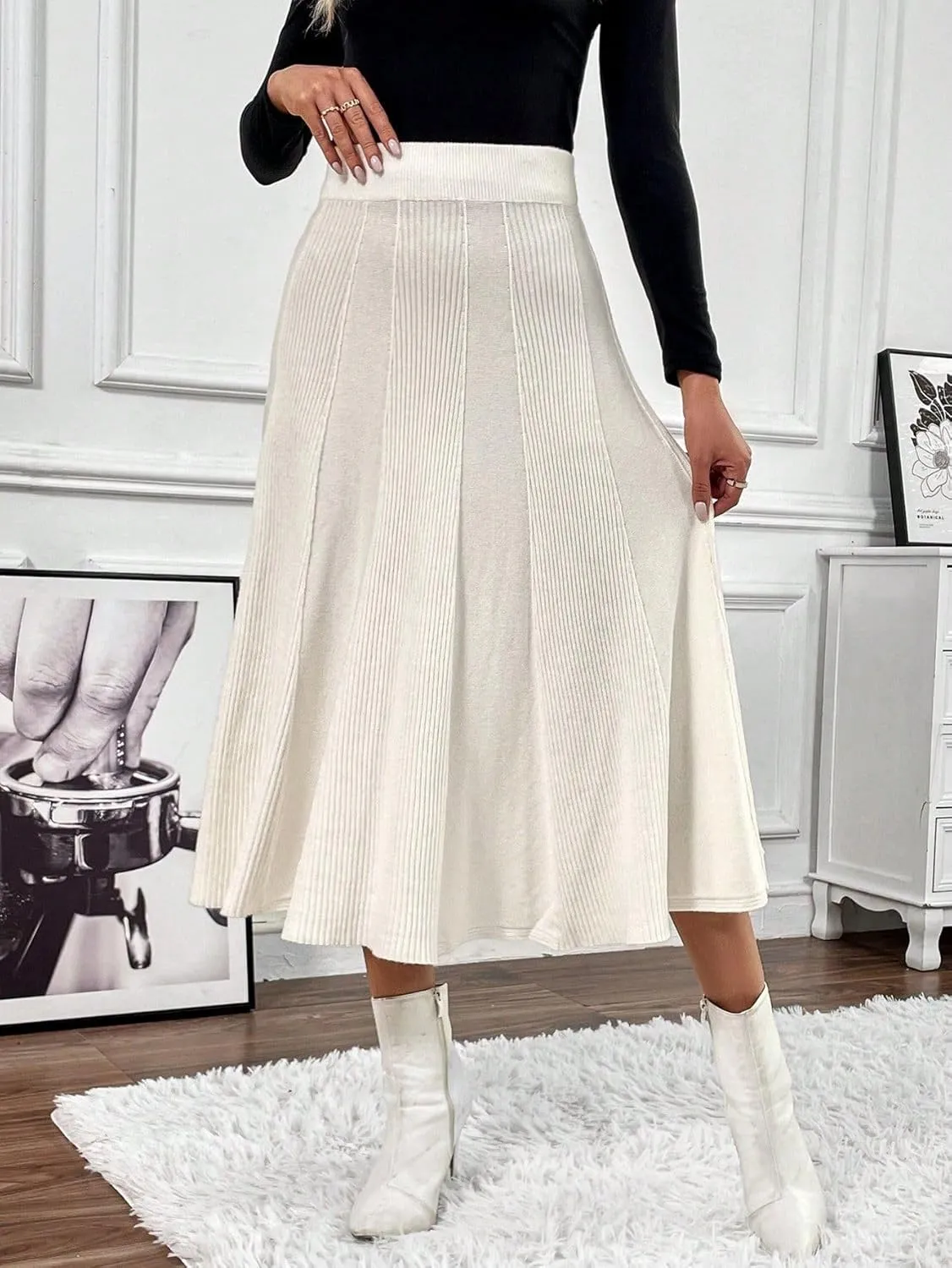 chouyatou Women's Elegant A-Line Pleated Knit Skirt Casual Elastic Waist Swing Knitted Midi Long Skirt
