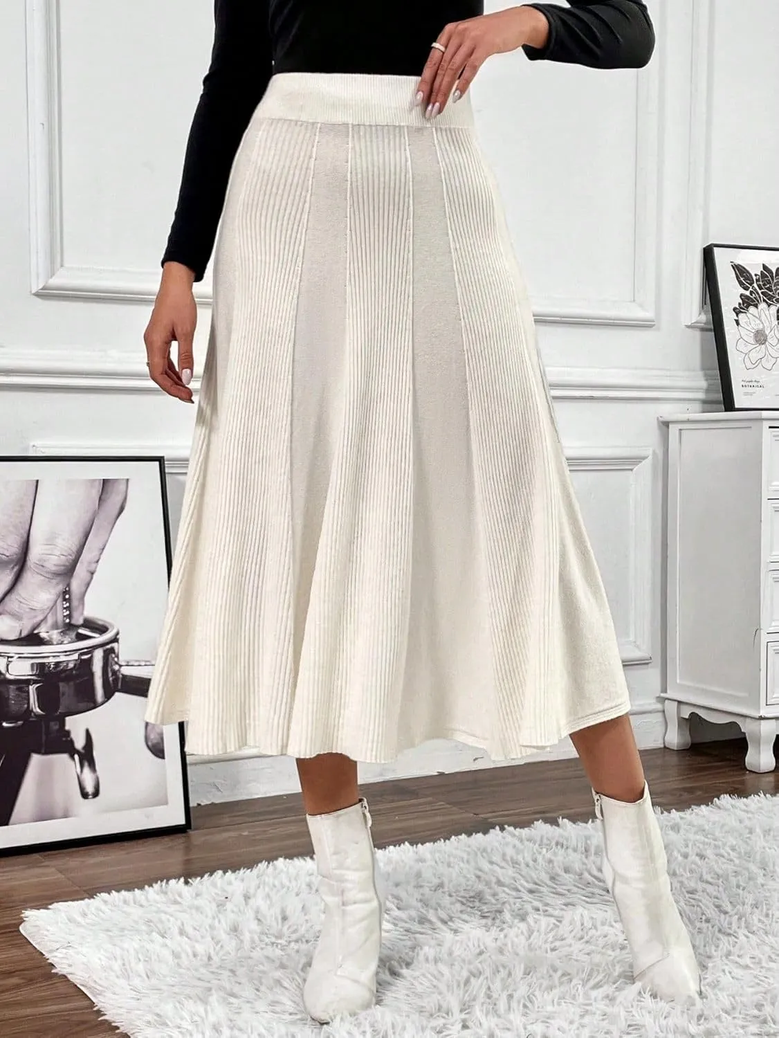 chouyatou Women's Elegant A-Line Pleated Knit Skirt Casual Elastic Waist Swing Knitted Midi Long Skirt