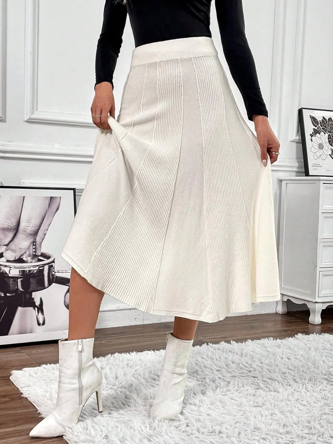 chouyatou Women's Elegant A-Line Pleated Knit Skirt Casual Elastic Waist Swing Knitted Midi Long Skirt