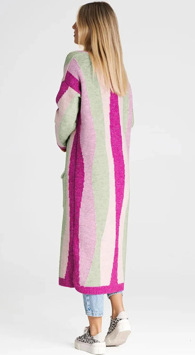 chouyatou Women's Fall Open Front Color Block Long Cardigan Sweater Coat Casual Vertical Striped Coatigan