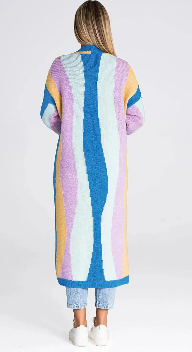 chouyatou Women's Fall Open Front Color Block Long Cardigan Sweater Coat Casual Vertical Striped Coatigan