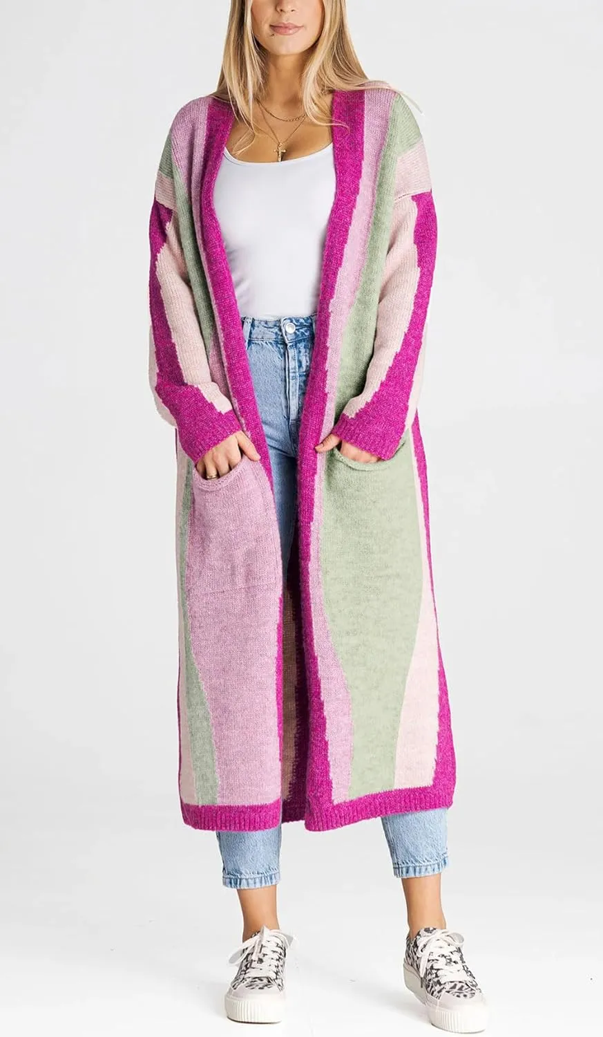chouyatou Women's Fall Open Front Color Block Long Cardigan Sweater Coat Casual Vertical Striped Coatigan