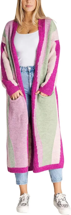 chouyatou Women's Fall Open Front Color Block Long Cardigan Sweater Coat Casual Vertical Striped Coatigan
