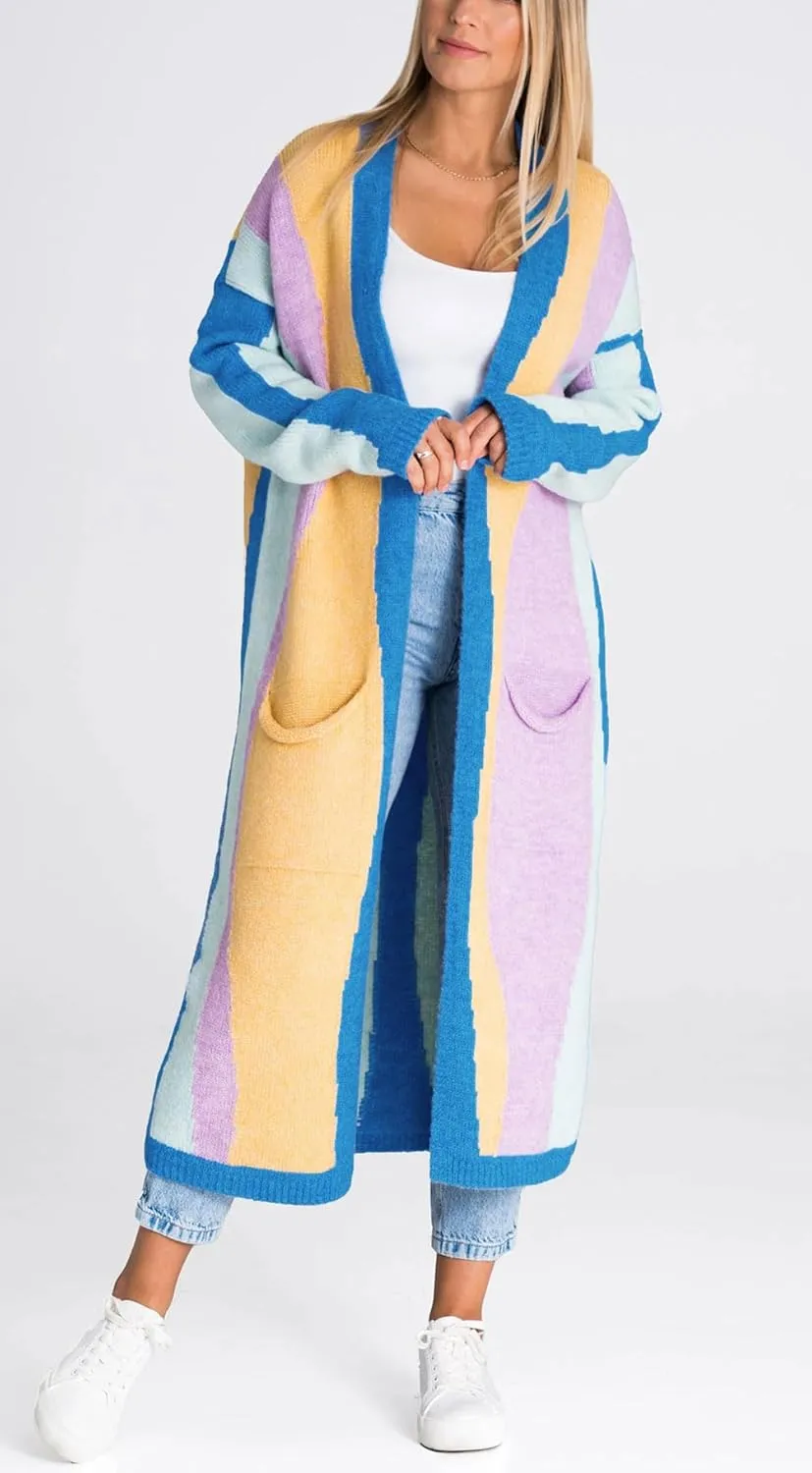 chouyatou Women's Fall Open Front Color Block Long Cardigan Sweater Coat Casual Vertical Striped Coatigan