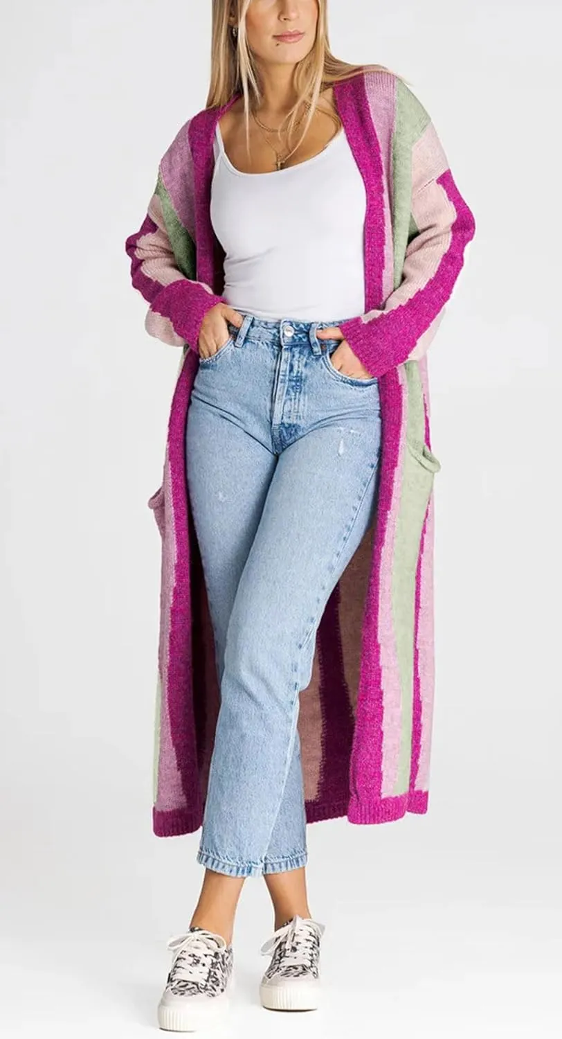 chouyatou Women's Fall Open Front Color Block Long Cardigan Sweater Coat Casual Vertical Striped Coatigan