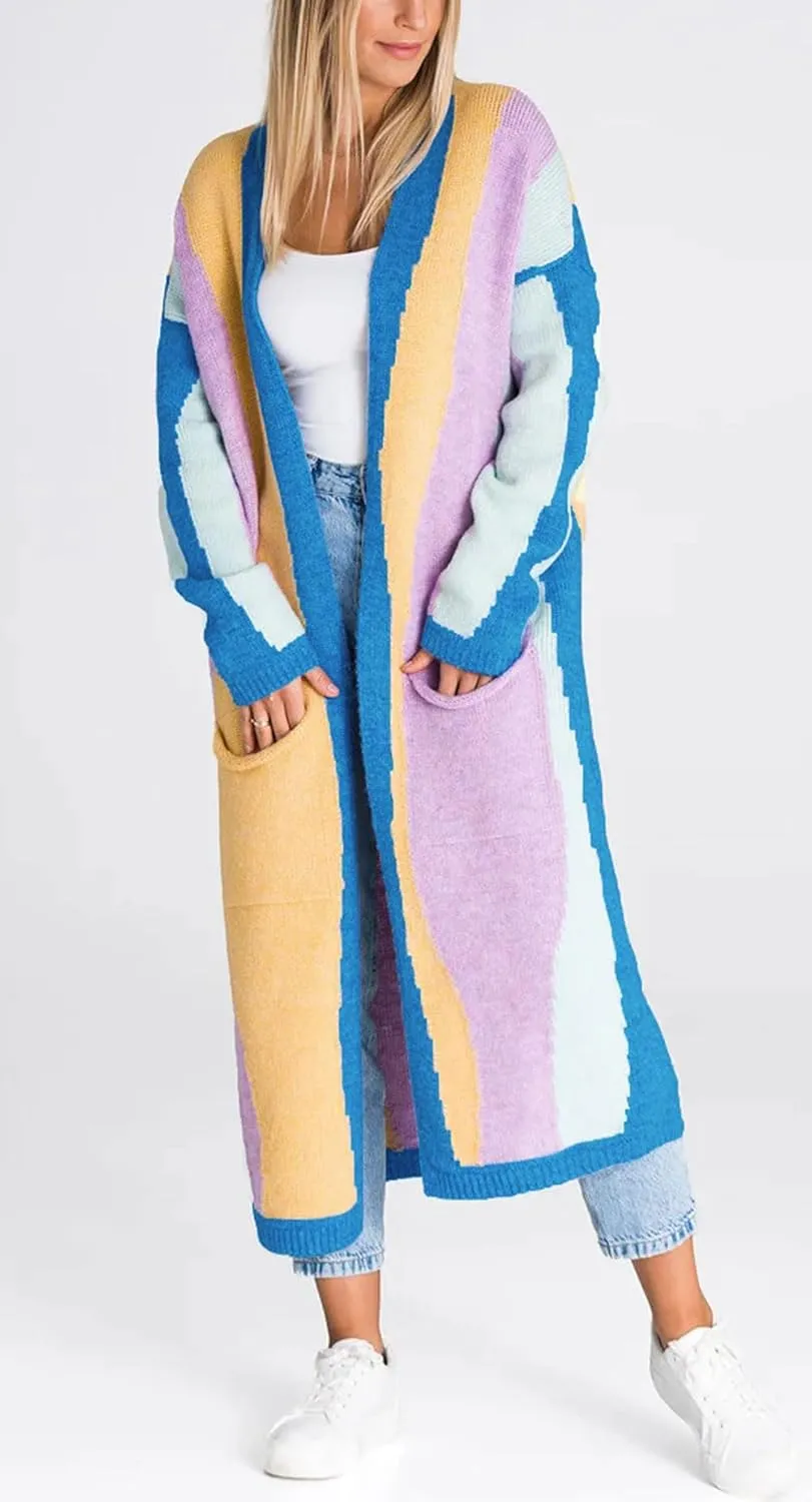 chouyatou Women's Fall Open Front Color Block Long Cardigan Sweater Coat Casual Vertical Striped Coatigan