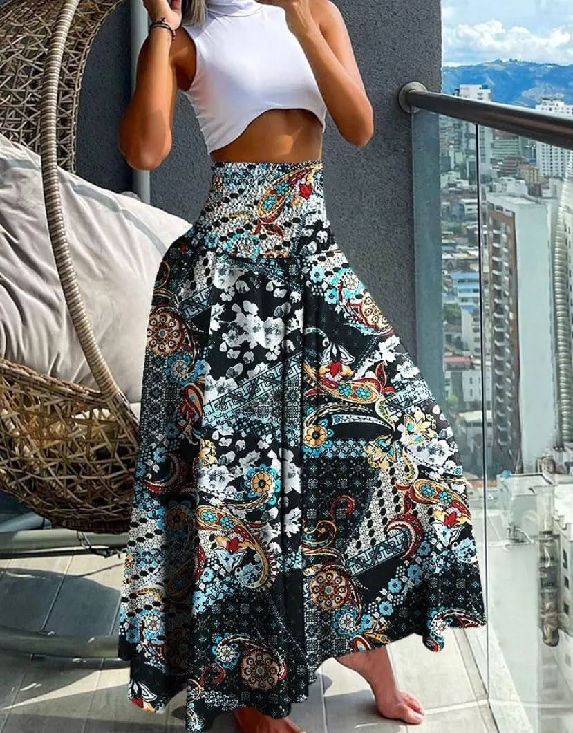 chouyatou Women's Smocked Waist Paisley Floral Boho Swing Skirt Bohemian Beach Vacation Midi Long Skirt