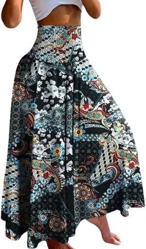 chouyatou Women's Smocked Waist Paisley Floral Boho Swing Skirt Bohemian Beach Vacation Midi Long Skirt