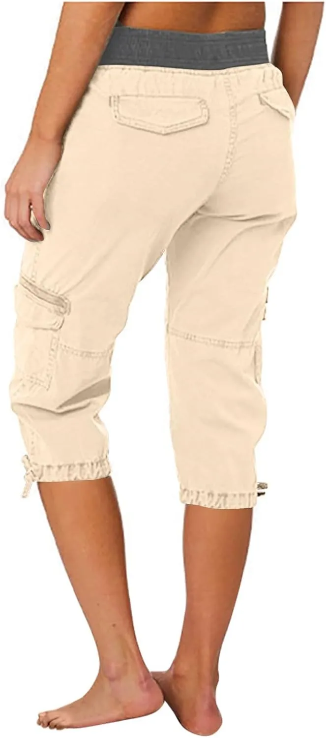 Cotton Cargo Capris for Women with Pockets Plus Size High Waisted Light Weight Hiking Travel Pants Trousers