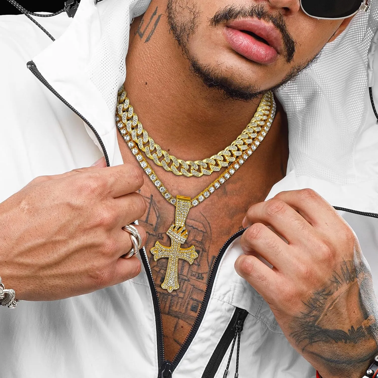 Cross Necklace for Men 22'' Cuban Link Necklace 24'' Iced Out Diamond Tennis Silver chain Mens Jewelry